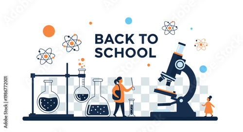Science teacher or student working in a school laboratory with large microscopes and chemical flasks for a back to school theme.