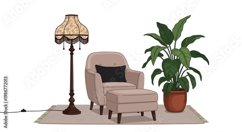 Classic interior scene featuring a vintage floral lampshade floor lamp next to a comfortable armchair and a large potted houseplant.