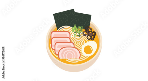 Flat vector illustration of a delicious bowl of Japanese ramen soup with pork, egg and nori isolated on white background