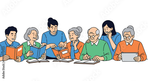 Diverse group of elderly people and helpers learning together with books and laptops