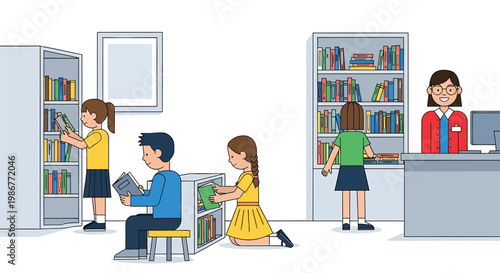 Children studying and reading in a school library with a librarian at the desk
