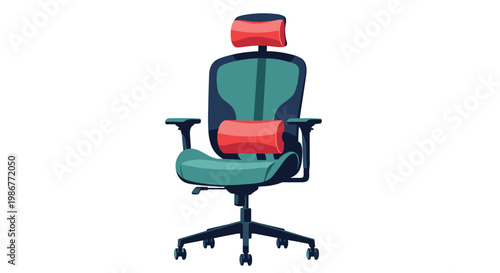 A modern ergonomic office chair features a breathable green mesh backrest and vibrant red lumbar support cushions for optimal comfort in a home office.