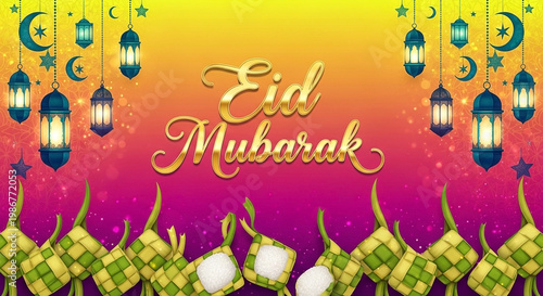 Festive Eid Mubarak with ornate lanterns, moon, stars, and diamond-shaped rice cakes