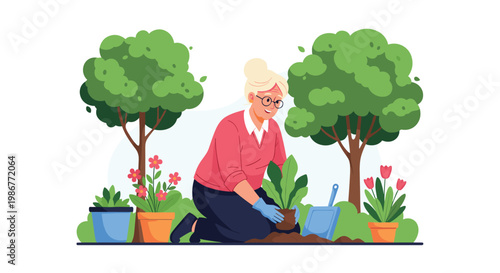Active senior woman wearing glasses and gloves while happily planting flowers in her lush backyard garden on a beautiful sunny day.