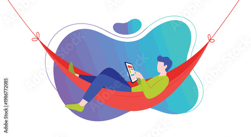 A relaxed freelancer lounges comfortably in a vibrant red hammock while browsing a digital tablet against a colorful abstract gradient background shape.