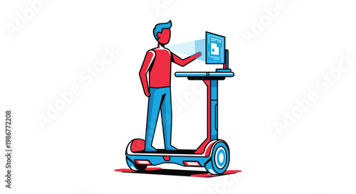 Person in red and blue stands on a sleek hoverboard, interacting with a floating digital display screen in mid-air in a modern, stylized vector design.