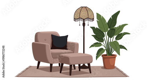 Minimalist room setup with a stylish beige armchair, a black cushion, a classic floor lamp, and a large tropical plant in a pot.