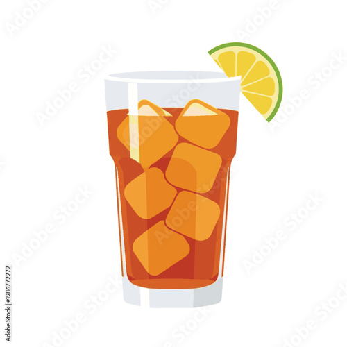 Refreshing Iced Tea with Ice Cubes and Lime Slice Vector Illustration Isolated on White Background