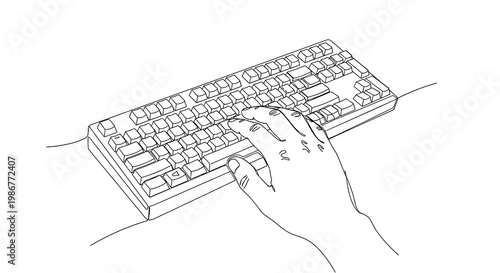 A minimalist single-line drawing of a human hand rests gently on a computer keyboard to emphasize the precise act of typing in a professional setting.