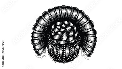 Detailed black and white illustration of a ram's head with intricate braided horn and textured fur