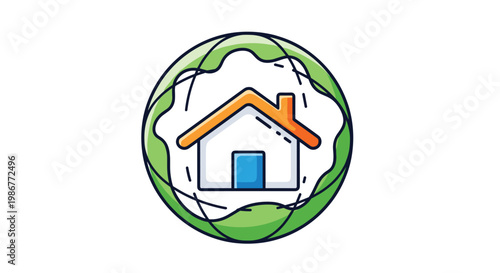 Stylized architectural house icon featuring an orange roof and blue door enclosed within a circular green abstract orbit pattern on a white background.