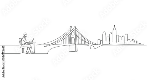 Continuous line art showing a person working on a laptop that transforms into a suspension bridge and city skyline on a clean and bright white background.