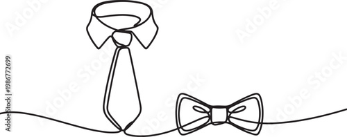 Continuous line drawing of a Tie, Bow tie one continuous line drawing. Abstract black and white minimal single line art style. one line Icon drawing