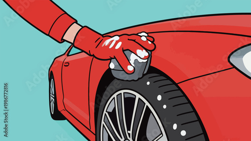 Hand in Red Glove Cleaning Red Car