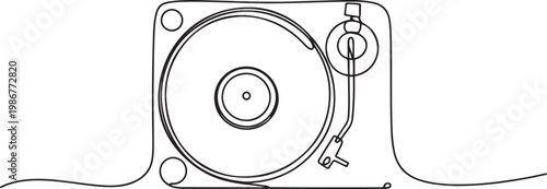 Vinyl LP record in one line art drawing style. Vector illustration, Vinyl record player turntable one line art. Continuous line drawing of analog audio player. one line Icon drawing