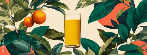Fresh Citrus Juice Surrounded by Lush Green Leaves and Fruits