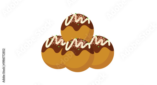 Flat Vector Illustration of Four Japanese Takoyaki Octopus Balls with Sauce and Mayonnaise Isolated on White Background