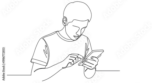 Single line drawing of a person looking down while interacting with a smartphone screen using their index finger on a clean white background with thin lines.