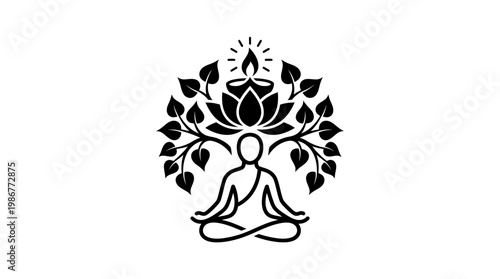 Zen Buddhist Meditating Figure with Lotus and Enlightenment Tree