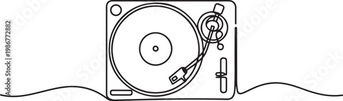 Vinyl LP record in one line art drawing style. Vector illustration, Vinyl record player turntable one line art. Continuous line drawing of analog audio player. one line Icon drawing