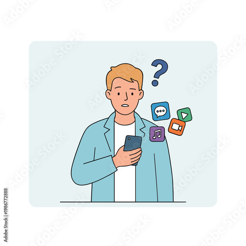 Man looks puzzled while holding phone with social media icons floating nearby