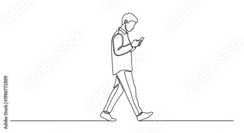 A man walks forward while intently looking at his smartphone in a clean and minimalist continuous single line art illustration against a plain white background.