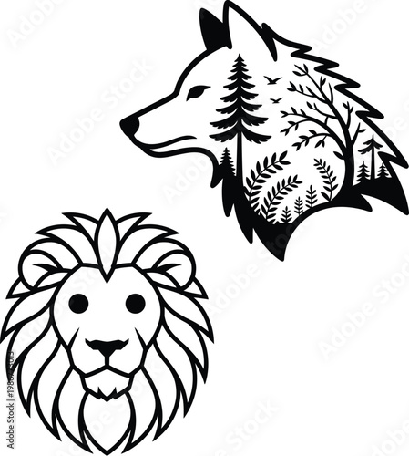 black and white illustration of lion and wolf heads