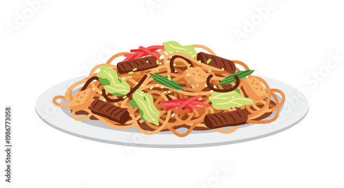 yakisoba fried noodles japanese food asian cuisine meat cabbage ginger sesame seeds stir fry plate delicious meal.