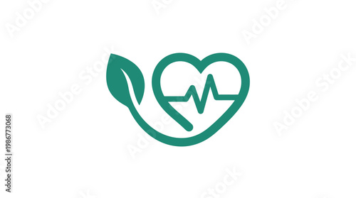 Healthy Heart Symbol with Leaf and EKG