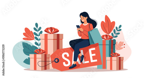 Happy young woman sits on a giant red sale tag while using her smartphone to shop online surrounded by many gift boxes and decorative leaves.