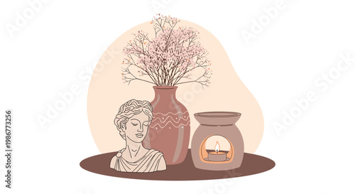 Elegant spa setup featuring a classical female bust statue, a vase of delicate pink flowers, and a lit candle in a ceramic holder at home.