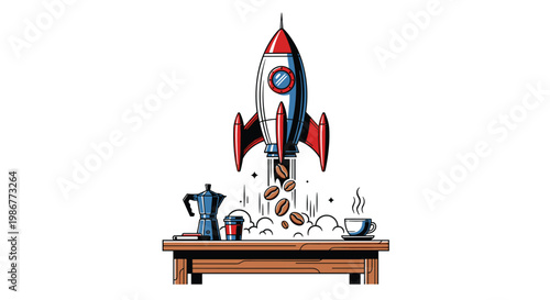 Retro styled metallic rocket ship launches from a wooden desk with aromatic coffee beans as exhaust smoke near a steaming cup and a classic moka pot.