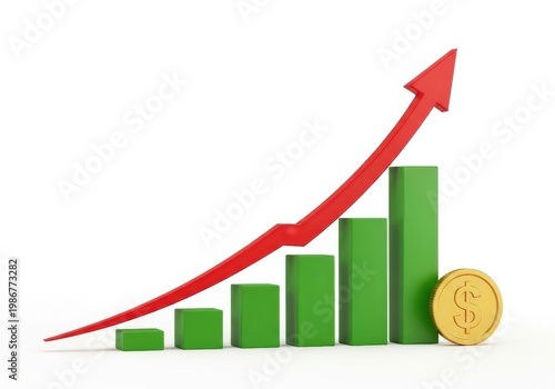 A red arrow rises above a green bar graph next to a gold coin