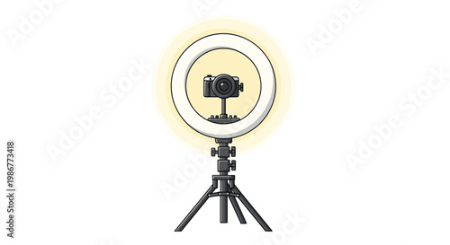 Professional camera lens mounted inside a glowing circular ring light on a sturdy tripod stands isolated against a clean and bright white studio background.