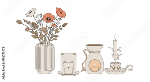 Artistic arrangement of dried flowers in a textured vase alongside various styles of lit candles and an oil burner on a white background.