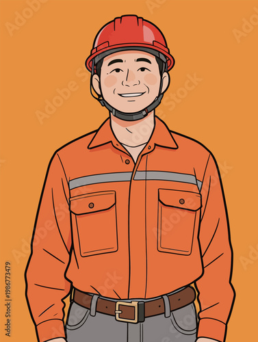 Male Worker in Orange Uniform and Red Helmet