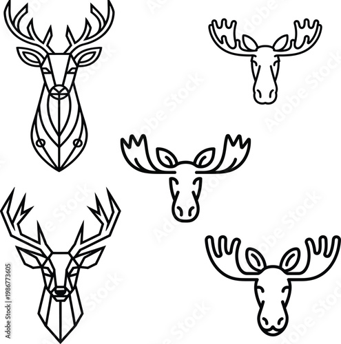 Geometric deer heads with leaves and abstract shapes