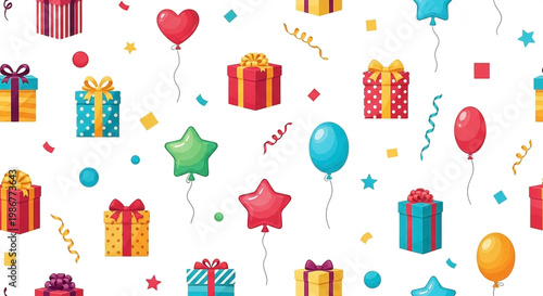 Festive pattern of colorful gift boxes, balloons, and confetti on white
