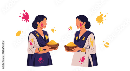 Two indian women wearing traditional outfits and jewelry celebrating the holi festival with colored powder on their faces and hands.