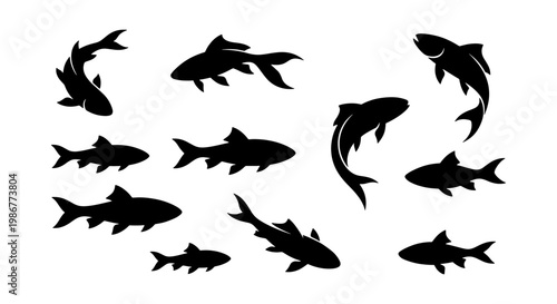 Black fish silhouette collection, set of 11 aquatic animal vector icons, minimalist underwater sea life shapes for fishing logos and nature design