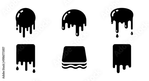 Black dripping liquid icons set, melting paint and slime silhouettes on white background, 6 vector elements for industrial or creative design