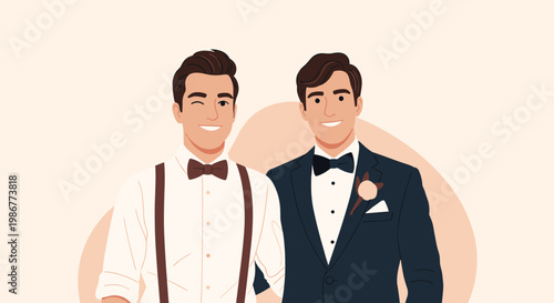 Handsome same sex couple wearing stylish suits and bow ties smiling together on their wedding day in a modern flat illustration.