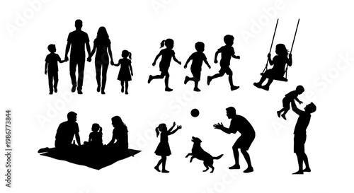 Family silhouettes collection, black vector set of parents and children playing, outdoor leisure activities and happy childhood moments