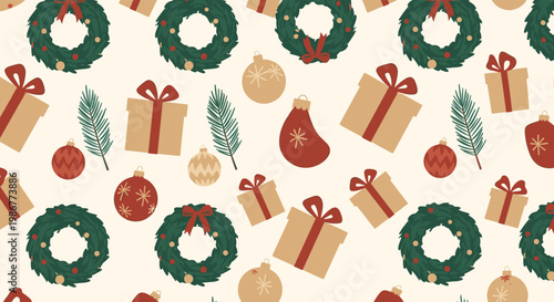 Traditional christmas seamless pattern with evergreen wreaths, wrapped gift boxes, red ornaments, and pine branches on a cream field.