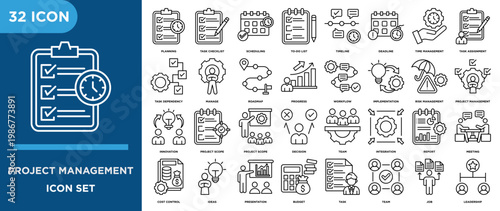 Project management outline icon set featuring planning, task checklist, scheduling, to-do list, timeline, deadline, and manage