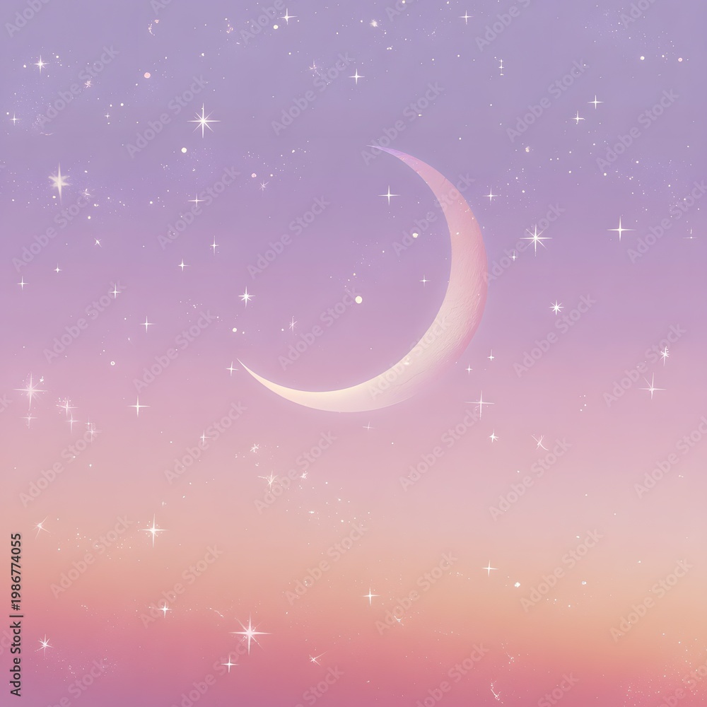 Fototapeta premium Pastel lavender and peach tones with crescent and subtle stars, clean aesthetic, HD quality.