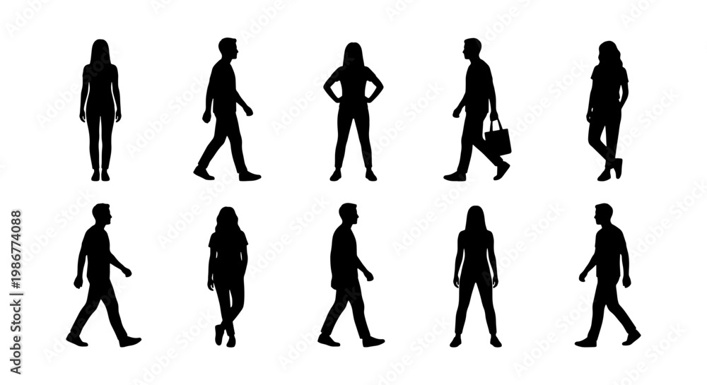 Fototapeta premium Black silhouettes of people walking and standing, set of 10 human figures in various poses, flat vector icons of men and women for architectural rendering