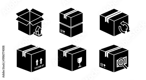 Logistics cardboard box icons set, 6 black delivery package vector symbols, shipping and warehouse storage signs for e-commerce and distribution
