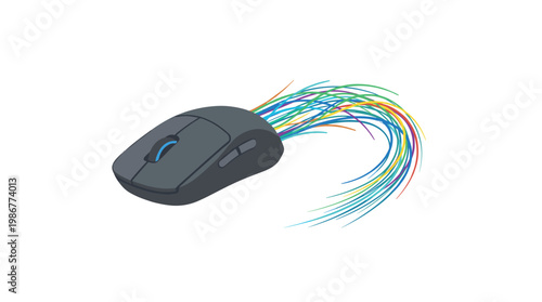 Sleek dark grey computer mouse creates a vibrant multi-colored fiber optic light trail across a clean minimalist white background with smooth aesthetics.