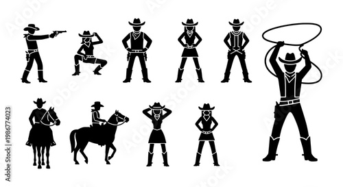 Wild West cowboy silhouettes set, 10 western character icons with horses and lassos, black cowgirl and gunslinger vector elements for rodeo graphics